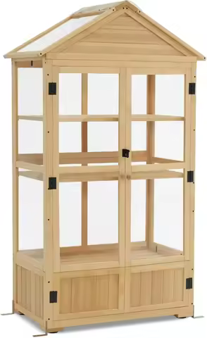 Cold Frame Greenhouse, 3 Tier Wooden Greenhouse Cabinet with Adjustable Shelf, Garden Cold Frame She