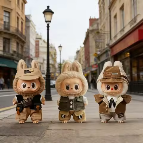 for 17cm Labubu Bunny Ear Pilot Vintage Leather Outfit & Tactical Vest Explorer Clothes Paired with 