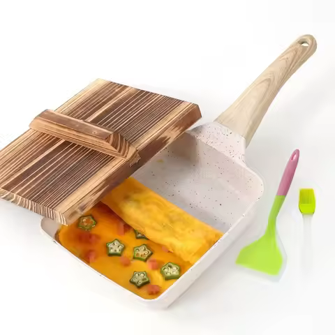 Fried Egg Pan Nonstick Japanese Omelette Tamagoyaki Frying Pan with Wooden Cover Gas Stove and Induc