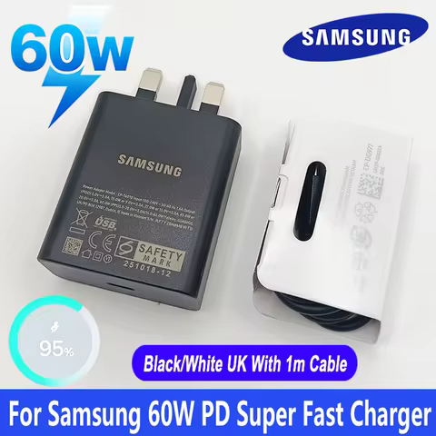 SAMSUNG 60W UK Plug PD Charger Original Type C Super Fast Charge Adapter For S26 Ultra S25FE S24 S23