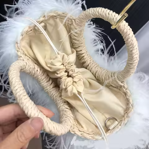 Women's ostrich feather bag, Straw woven handbag summer woven bag, handbag,straddle fashion wallet ,