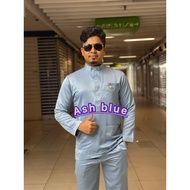 Tema 2025 ASH Blue Baju Melayu Slimfit Dewasa & Budak Kain Pearl Skin Soft Size 2Y-12Y XS-2XL