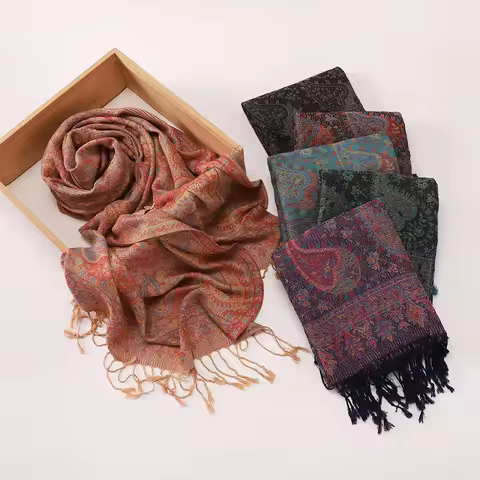 Retro Ethnic Jacquard Tassel Shawl Ethnic Floral Print Soft Muslim Head Scarf Malaysia Shawl Wrap Ra