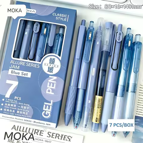 7pcs Blueberry Jam Blue Gel Pens Set, Quick Dry 0.5mm Black Ink Smooth Writing Pens for Students & O