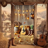 Western Cowboy Door Cover Country Farmhouse Party Decor with Guitar Cowboy Boots and Hay Bales Rusti