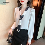 AMMIN 2024เนคไททรงหลวมคอวีเสื้อผ้าชีฟองแขนพองริบบิ้นซาตินเสื้อชีฟองให้ความรู้สึก MODE Korea