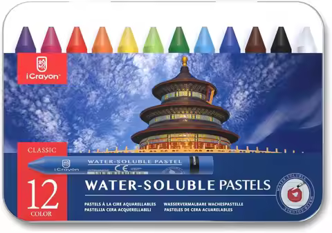 12 Colors Water Soluble Pastels Set for Beginners, Includes Sharpener, Palette & Brush for Vibrant A