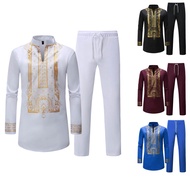 Men's African Style Traditional Metallic Printed Party Club Dashiki Agbada Pants Suit 2 Piece