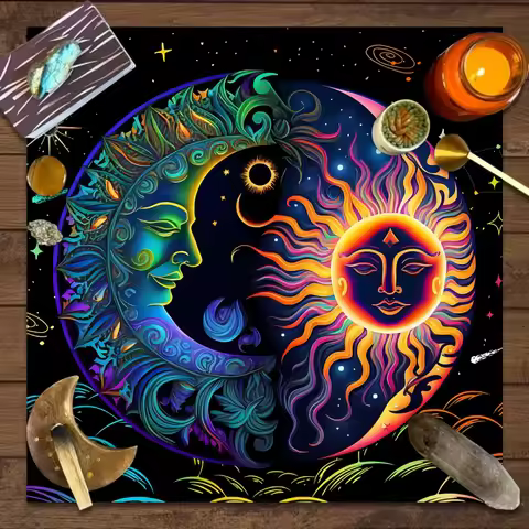VIKAMA Psychedelic Sun Moon Faces Tarot Altar Cloth Neon Yin Yang Ritual Tablecloth Witchcraft Medit