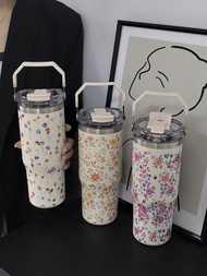1pc 900ml/33.44oz Flower Series Insulated Tumbler, Leak-Proof Travel Mug With Handle And Straw, Dual