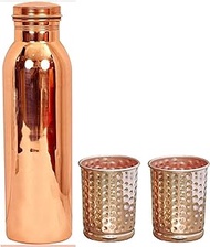 Siddharth International Pure Copper Water Bottle with 2 Copper Glass Drinkware Set Pack Of 3 (1000 ML Bottle, 300 ML Glass)