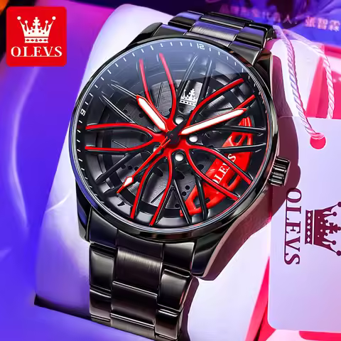 OLEVS 9937 Quartz Watch for Men Fashion 3D Hollow Wheel Rotary Dial Black Stainless Steel Waterproof