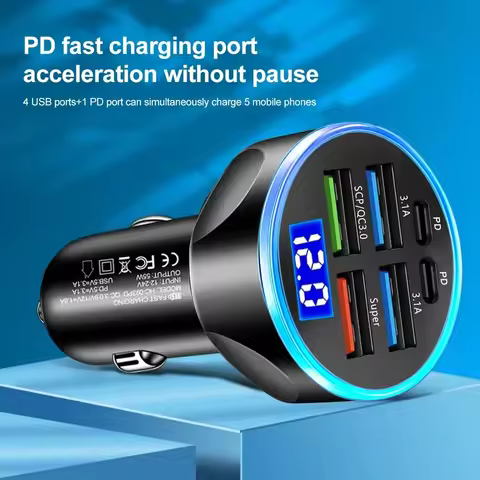 27W 6 in 1 Car Charger with Voltage Display 4 USB 2 Type C PD Fast Charging Station for Car