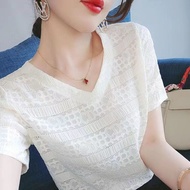 Lace Shirt Women Half-Sleeved Korean Version T-Shirt V-Neck Pullover Ladies Top