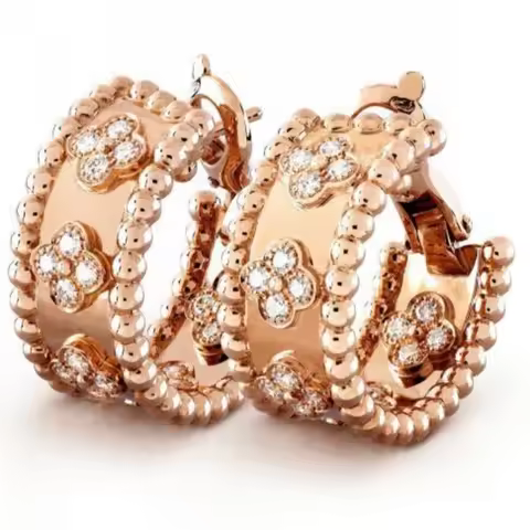 Rose Gold Plated C-Shaped Hoop Earrings, Four-Leaf Clover CZ Pave & Beaded Edge Design