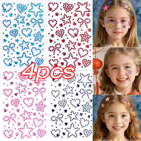 4pcs/set Sparkling Bow Star Heart Diamond Face Stickers 15*9cm Blue/Red/Pink Self-Adhesive Gems Body