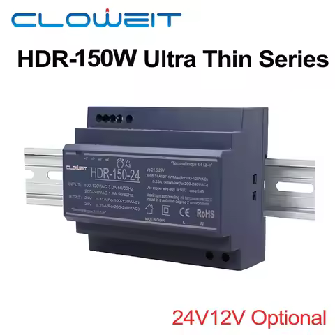 Cloweit DIN Rail Switching Power Supply SMPS 100-240VAC 140-340VDC HDR-150W Voltage 5V 12V 24V 48V C