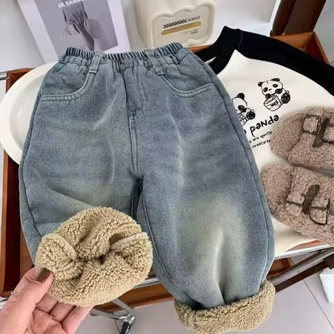 Kids Velvet Jeans Spring Winter New Boys Loose Thick Pants Children Warm Demin Pants Casual Trousers