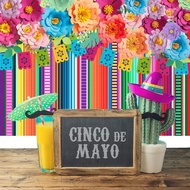 7x5ft Mexican Fiesta Backdrop Photobooth Flowers  Cinco De Mayo Backdrop for Pictures Floral Stripes