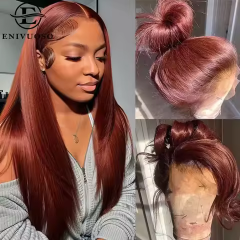 Reddish Brown Silky Straight 13x4 13X6 HD Synthetic Lace Front Wigs For Women 30 Inch Auburn Brown S