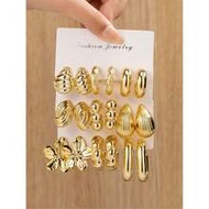 6/18pcs Gold Tone Fashion Earrings, Including Textured Styles Like Seashell/Wave Pattern Hoops, 3D F