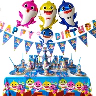 Baby Shark Theme Birthday Party Tableware Cartoon Cute Children Disposable Tableware Plant Cup Banner Fork and Knife