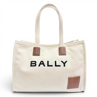 成色極佳 △ BALLY AKELEI 標誌皮革貼片帆布大號托特包，可肩背 ◎ 象牙ブラウン女士包 推薦 ◎