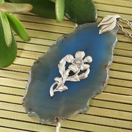 Blue Lavender Agate Slice Slab Silver Flower Floral Pendant Necklace Jewelry