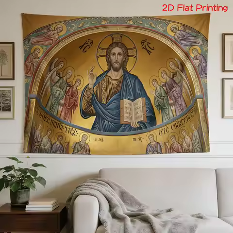 Antique Golden Byzantine Style Christ Jesus Wall Tapestry Orthodox Christian Religious Icon Print Ar
