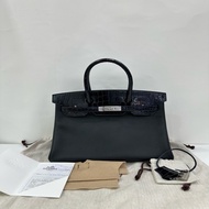 Hermes愛馬仕birkin30 Touch 兩點鱷魚 黑銀拼深海藍 TN皮 銀扣 D刻 閒置有購證