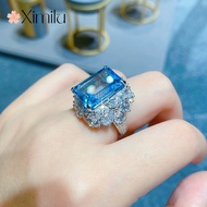 ♥ New Sea Blue Topaz Full Diamond Princess Silver Ring Female Jewelry silver 925 original ring for women rings men korean jewelry cincin lelaki cincin perempuan couple cincin emas korea 戒指