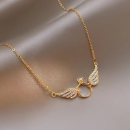 cod AU750 zircon small wings 999 24K real gold circle pendant necklace for women Instagram niche col