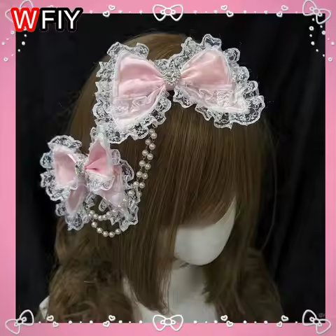Women Mars Style Handmade Rhinestone Hair Clips Hime Gyaru Bow Pearl Chain Lace Trim Hair Accessory 