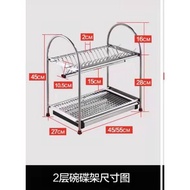 Ready Stock! 304 Stainless Steel Dish Rack – Double Layer with 4 Hooks 40cm/45cm/55cm Options Durabl