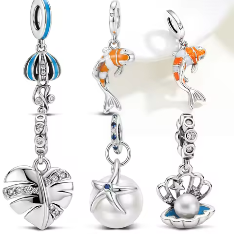925 Sterling Silver Ocean & Koi Charms Jellyfish Koi Starfish Pearl Pendant Fit Original Bracelet Su