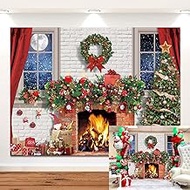 Christmas Fireplace Backdrop Xmas Tree Gift Sock Fireplace White Brick Wall Winter Snow Photography Background Holiday Family Birthday Party Decorations 8x6FT