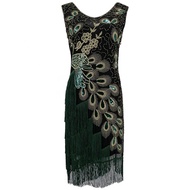 Plus Size Women 1920s Flapper Dress Vintage V-Neck Sleeveless Peacock Embroidery Great Gatsby Dress