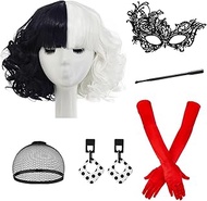 6pcs Cruella Deville Wig Accessories for Cruella Deville Costume Women Cruella Wig with Gloves Mask 