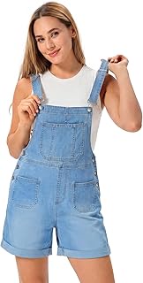 Denim Overall Shorts for Women Stretchy Jumpsuits with Adjustable Strap Cuffed Hem