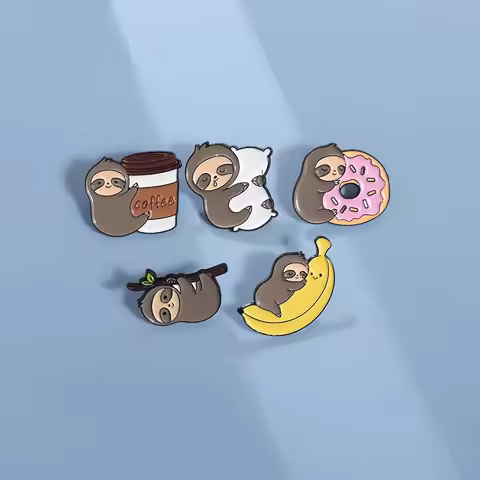Lazy Cute Sloth Enamel Pin Cartoon Coffee Donut Banana Pillow Lapel Brooch Backpack Clothes Badge De