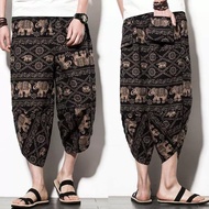 Men Elephant Pants Men Wide-Leg Pants Loose Plus Size Thai Elephant Print Suitable for Walking on th