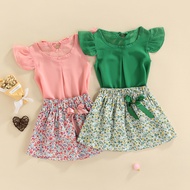 B930G-2PCS Toddler Girls Summer Outfits, Fly Sleeve Solid Color T-Shirt + Floral Mini Skirt Set