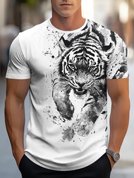 Men's 3D Tiger Print Casual Short-Sleeve T-Shirt, White with Black & Gray Tiger Design, Summer Urban