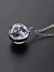 1pc Solar System Planet Necklace With Moon, Earth, Saturn, Jupiter Pattern Glass Dome Pendant