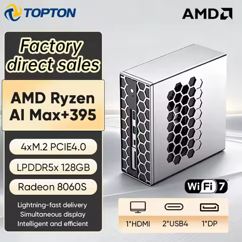 Topton AMD Ryzen AI Max+395 Radeon 8060S 128GB LPDDR5 Gaming AI Mini PC 4*M.2 NVMe NAS Firewall Comp