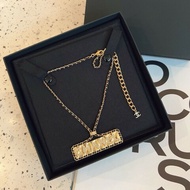 Chanel 23A 黑金皮穿鏈 鑽石字母長方牌頸鏈