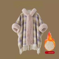 เกาหลีสไตล์Faux Fur Collar Coatผู้หญิงฤดูหนาวหนาลายสก๊อตAll-Match Shawl Hoodedเสื้อคลุมOuterwear Jac