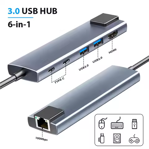 Hub USB Type C 6 in 1 Multi-Port Docking Station USB 3.0 4K@30Hz Supports 65W Reverse Charging Lapto