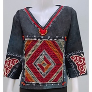 Cotton Clothes V-Neck Neck Black And Gray Decorated With Thai Hmong Cloth (Size 44)