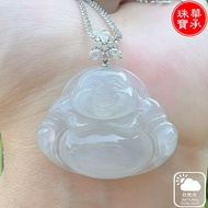 白冰翡翠笑佛，18K AU750白金扣头, 镶嵌莫桑钻，扣头厚大，糯冰种，大件厚装，天然缅甸A货翡翠。